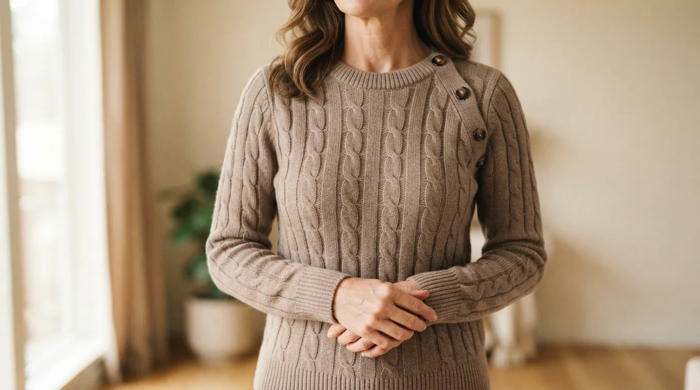 Woman wearing a taupe long sleeve cable crew neck sweater with button trim, cropped at the shoulders
