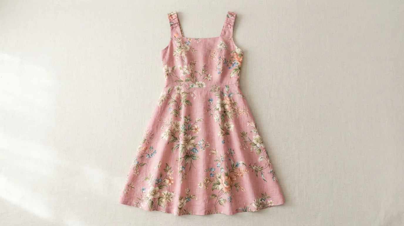 Kim Rogers sleeveless pink floral linen summer dress laid flat on a pale surface