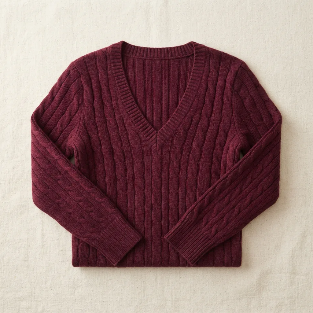Burgundy V-neck cable knit sweater laid flat on cream fabric
