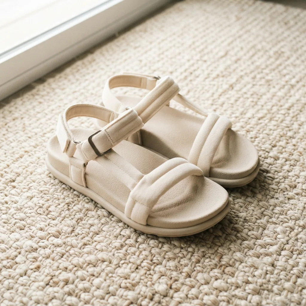Women's cushioned comfort sandals on a light woven rug, no people