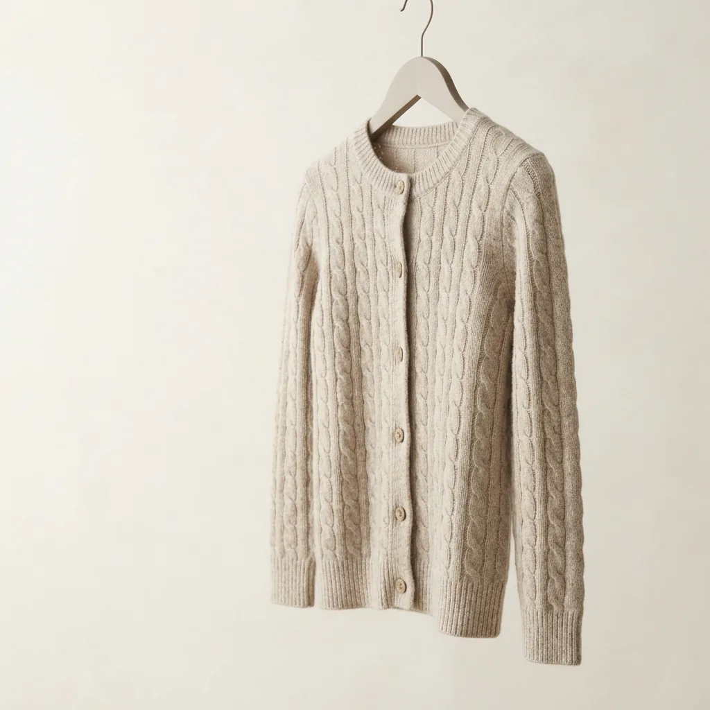 Petite cable knit cardigan sweater hanging at a three-quarter angle on a light background