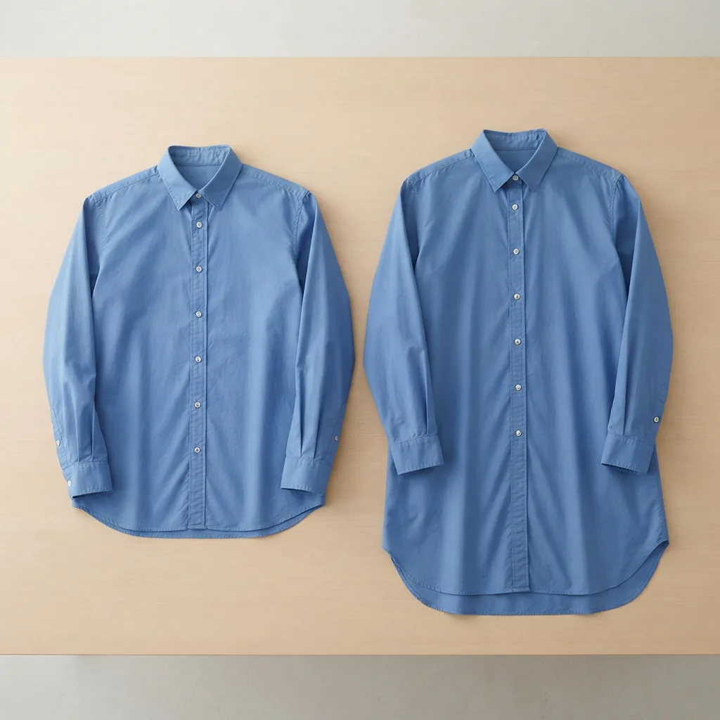 A classic fit shirt and a longer tunic shirt laid flat to compare body length and cut