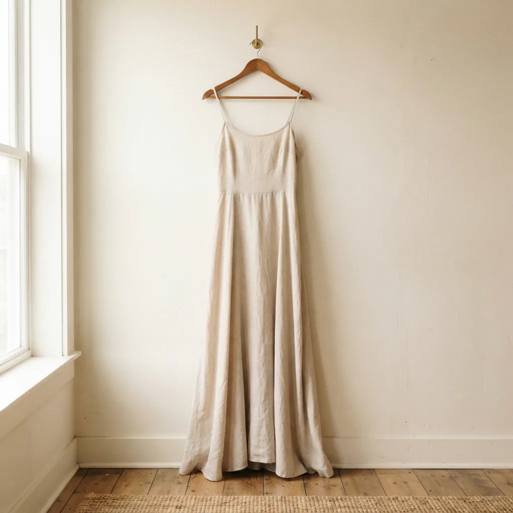 Kim Rogers long flowing maxi dress hung alone on a wooden hanger with its hem falling straight