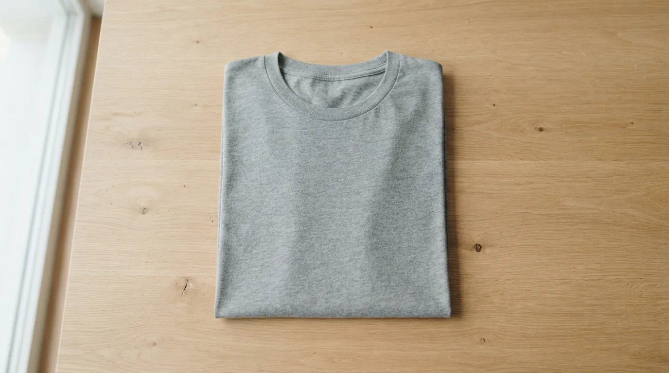 Basic tee folded neatly on a light wooden surface