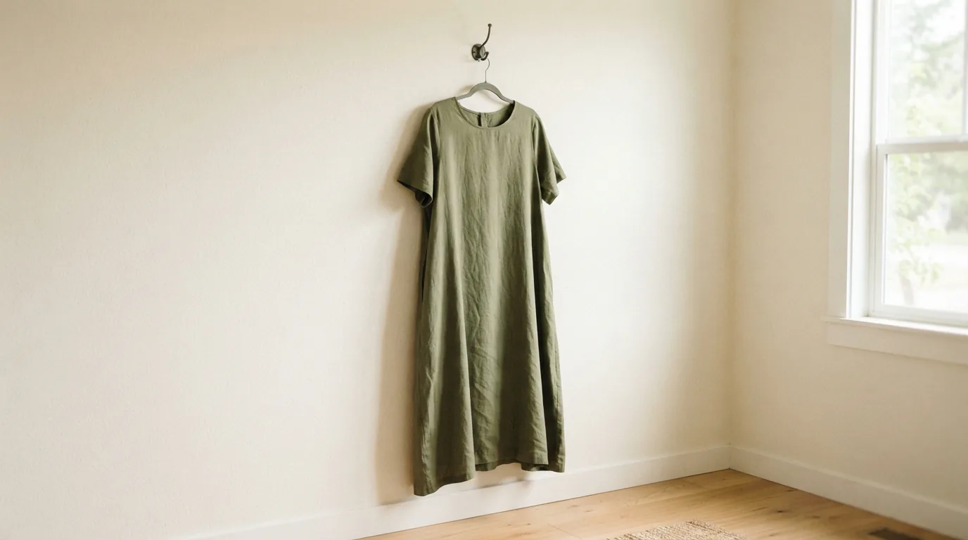 Size XL casual women's dress hung loosely on a simple hook by a bright window