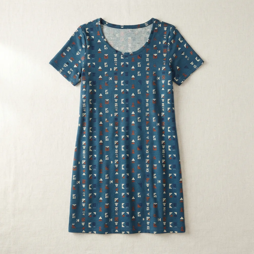 Kim Rogers scoop-neck short-sleeve shift dress with a geometric print shown flat on a light surface