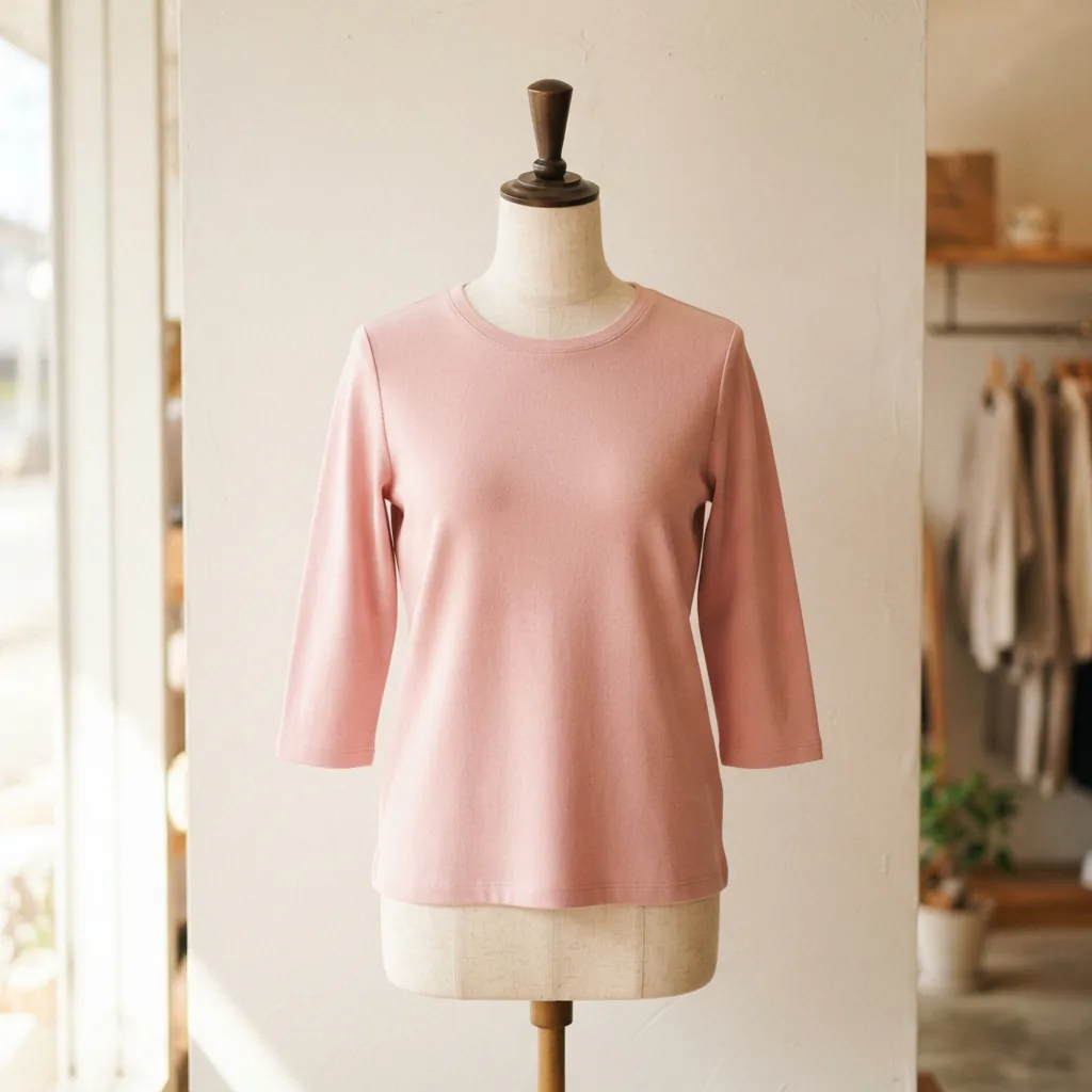A three-quarter sleeve top on a dress form showing where the sleeve ends