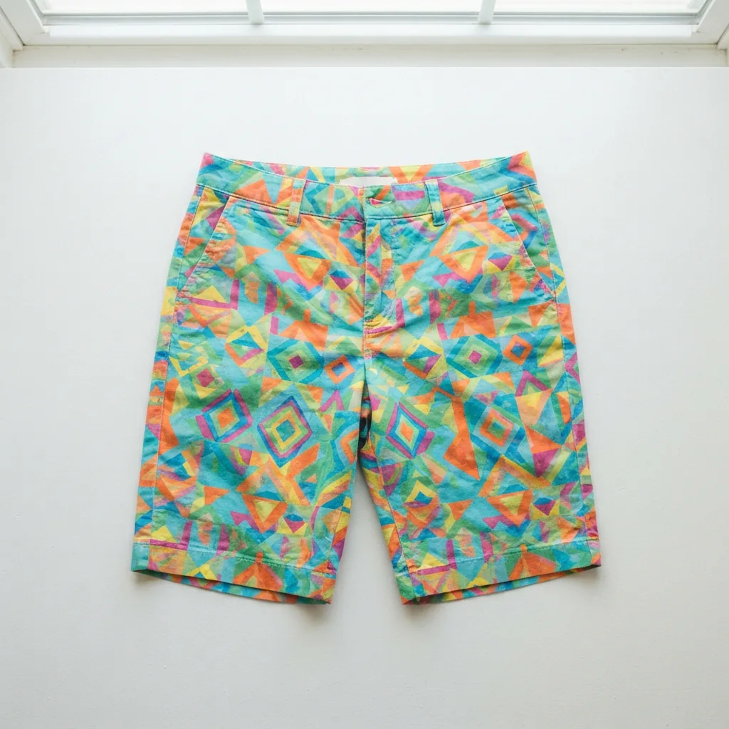 Printed women's Bermuda shorts laid flat showing a colorful geometric pattern