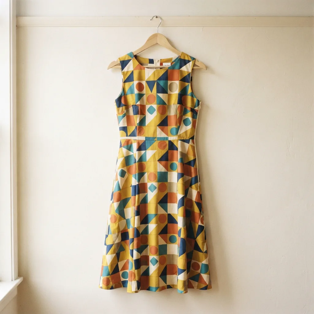 Kim Rogers geometric print dress with a zip closure hung alone on a wooden hanger against a light wall