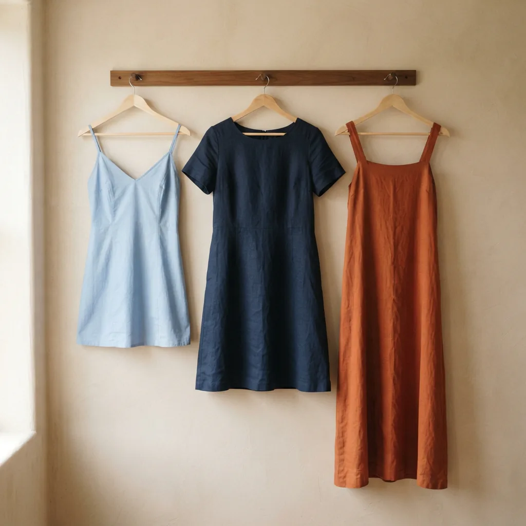 Three unbranded dresses in short, knee-length and maxi hem lengths hung side by side on plain hangers