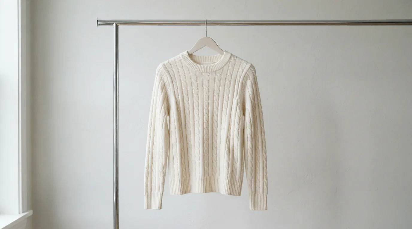 Ivory cable knit crew neck sweater hanging on a chrome rail against a light grey wall
