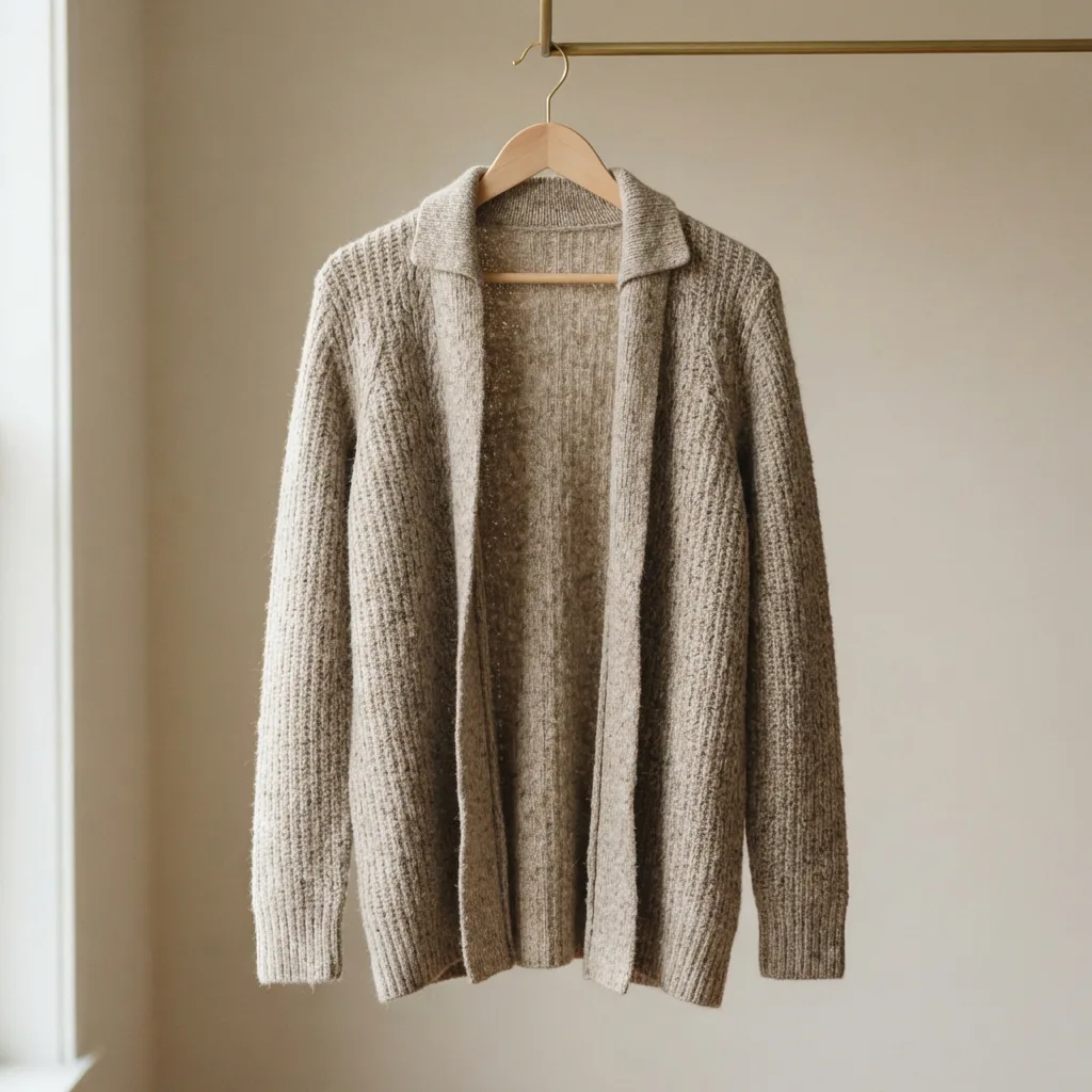 An open front knit cardigan draped to show its unfastened front edge