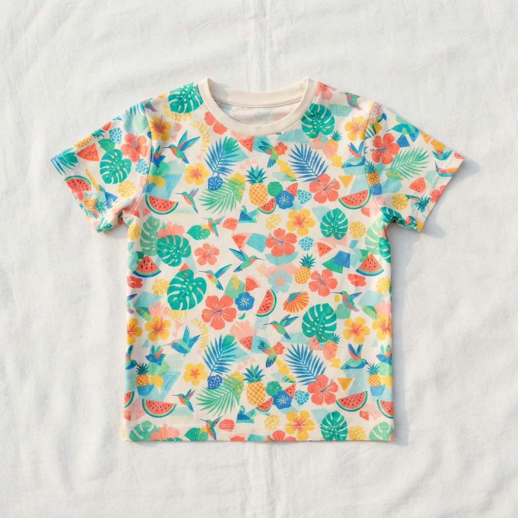Short sleeve t-shirt with vibrant prints laid flat on a sunlit white surface