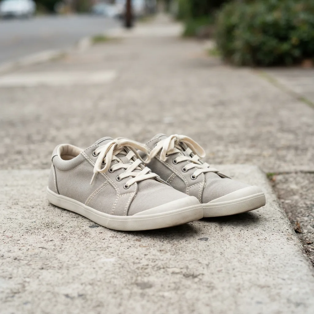 Women's casual closed shoes on a pale city sidewalk, no people