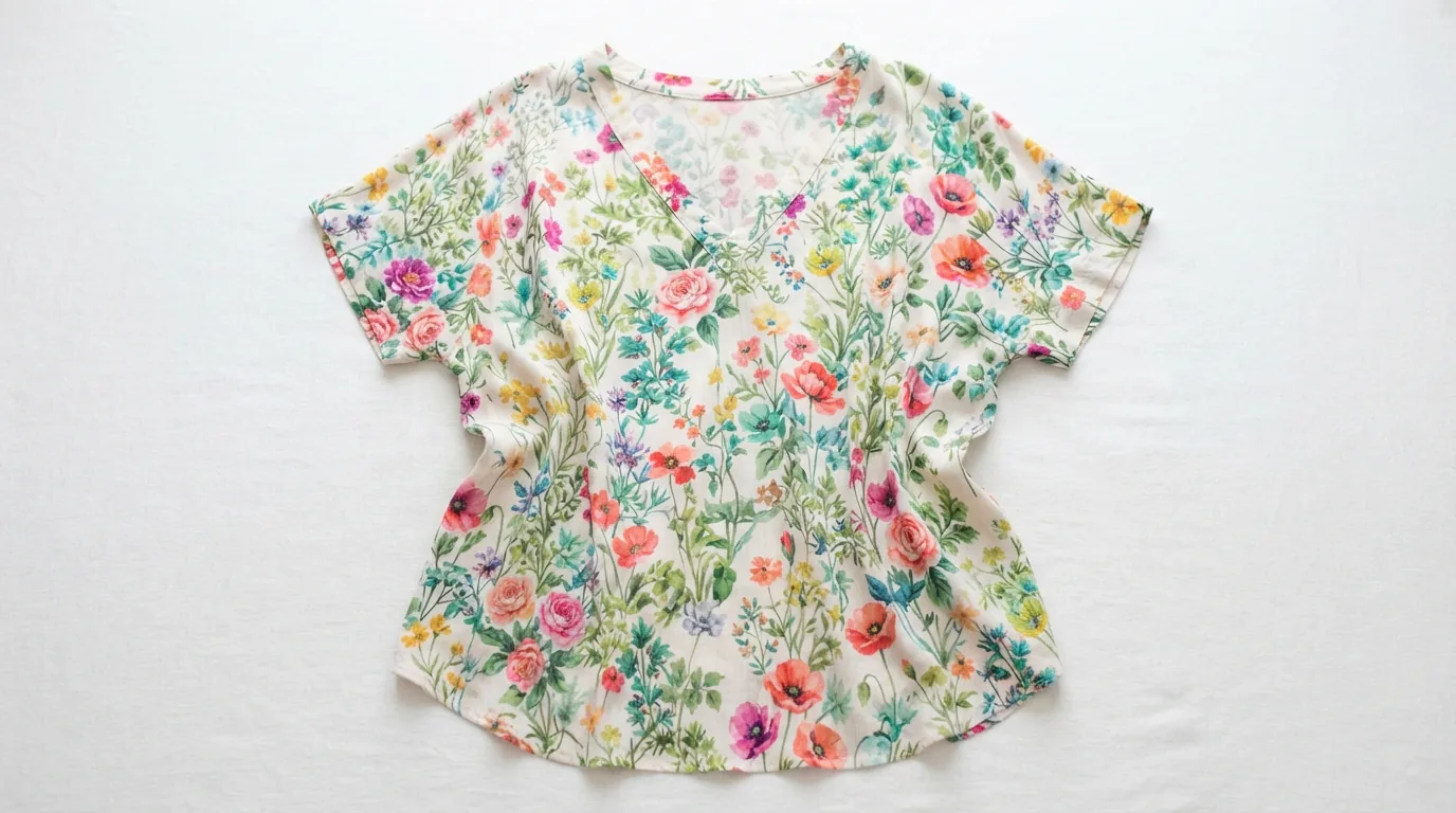 Floral print top in lightweight fabric displayed flat on a bright white surface