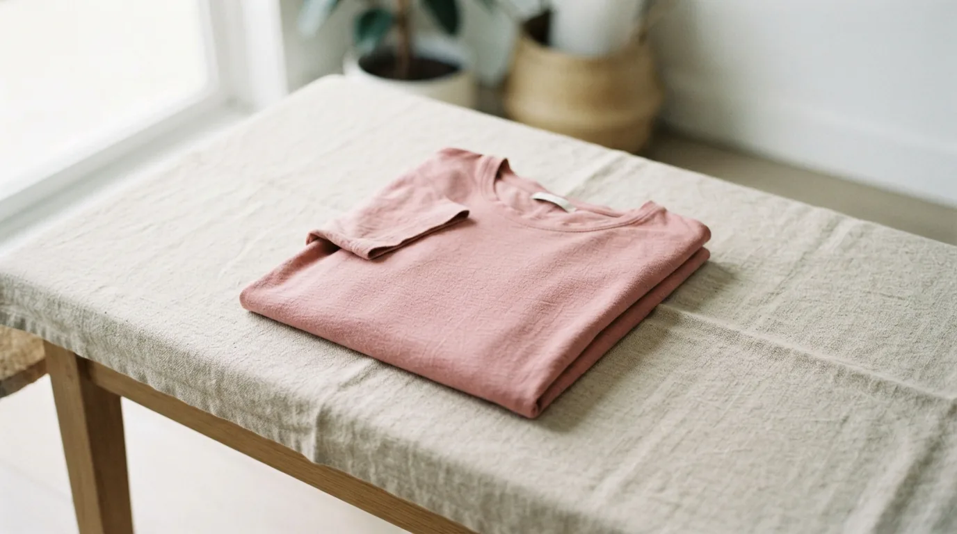 Size 12 casual women's dress folded once on a light linen-covered bench