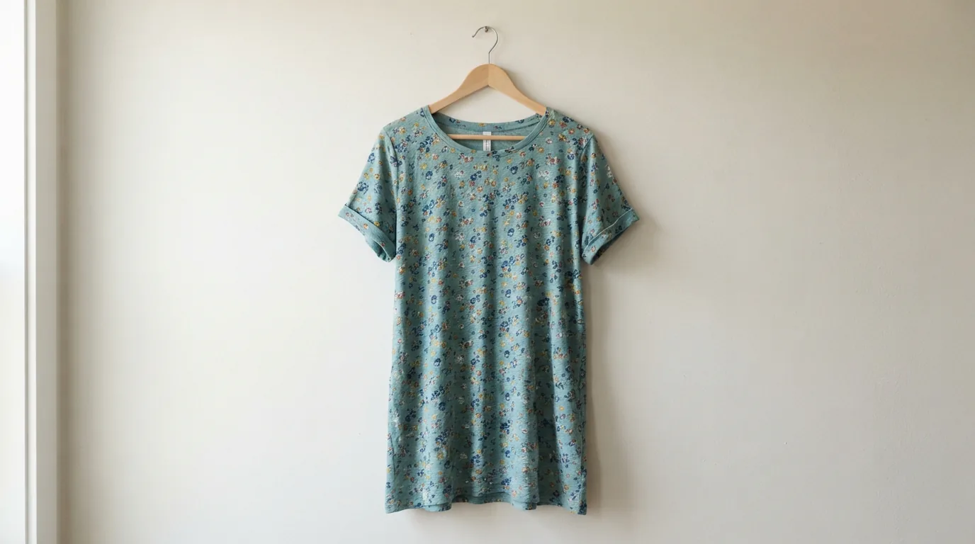 Slub knit printed tunic top hanging on a wooden hanger showing its longer length