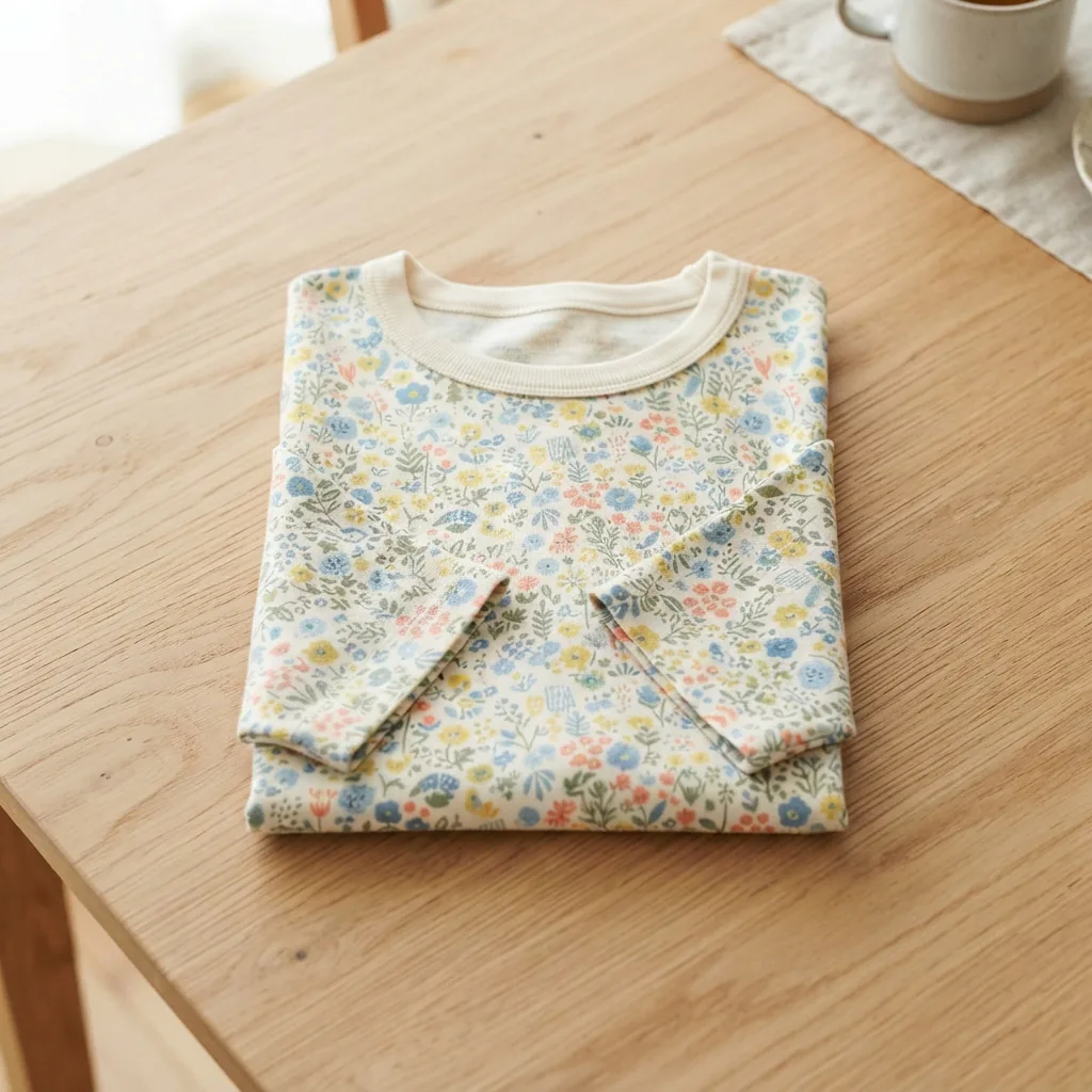 Printed crew neck shirt with three-quarter sleeves folded neatly on a pale tabletop