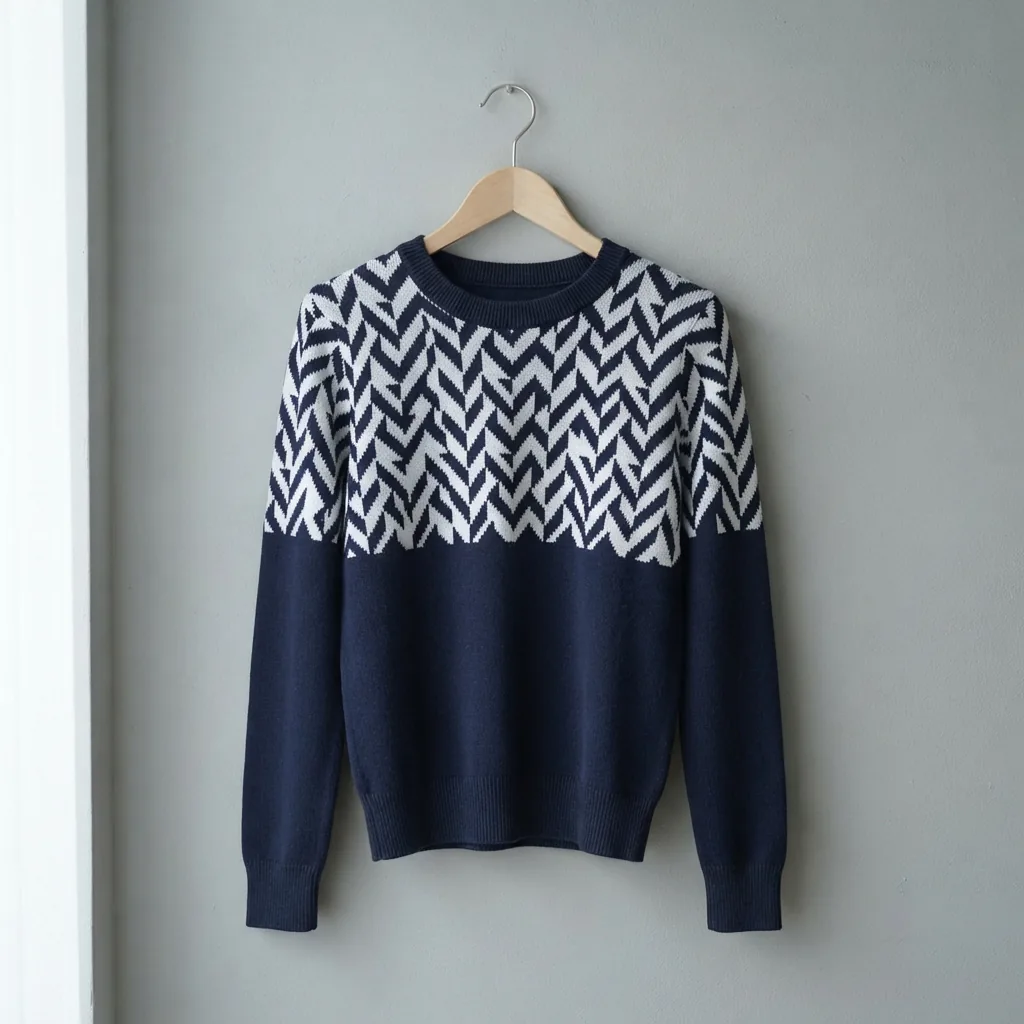 Navy and white intarsia pattern crew neck sweater hanging on a wooden hanger