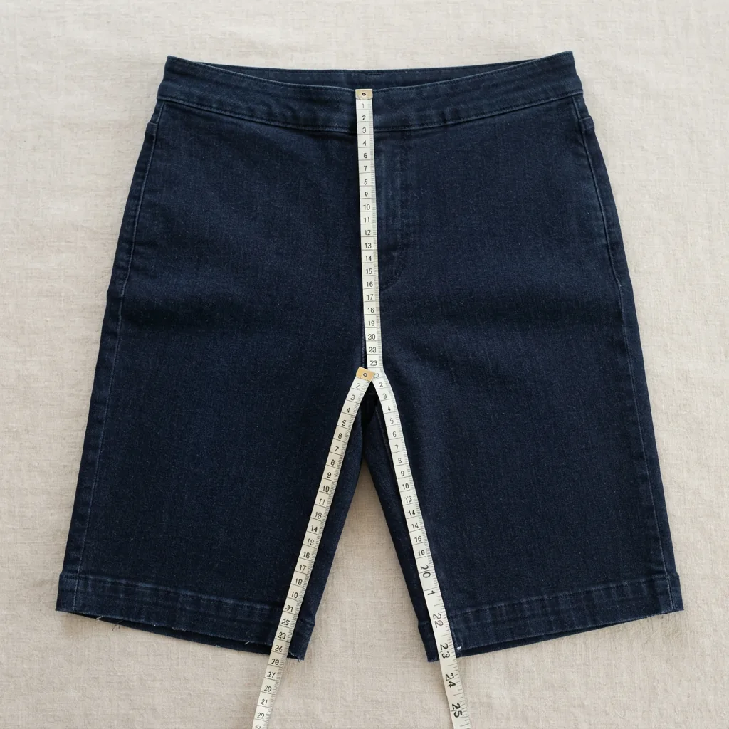 A measuring tape laid beside the hem of a women's Bermuda short to show inseam length