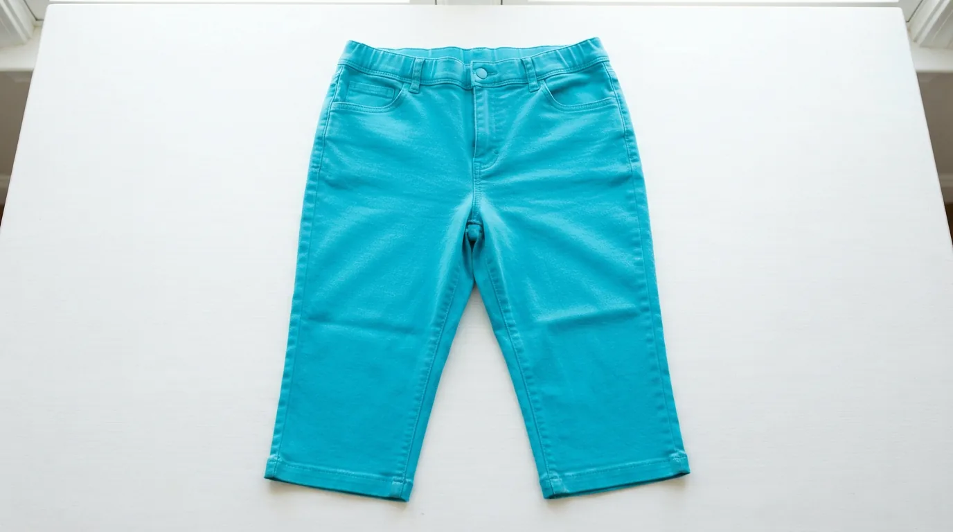 A single pair of bright turquoise capri pants arranged flat on a white tabletop.