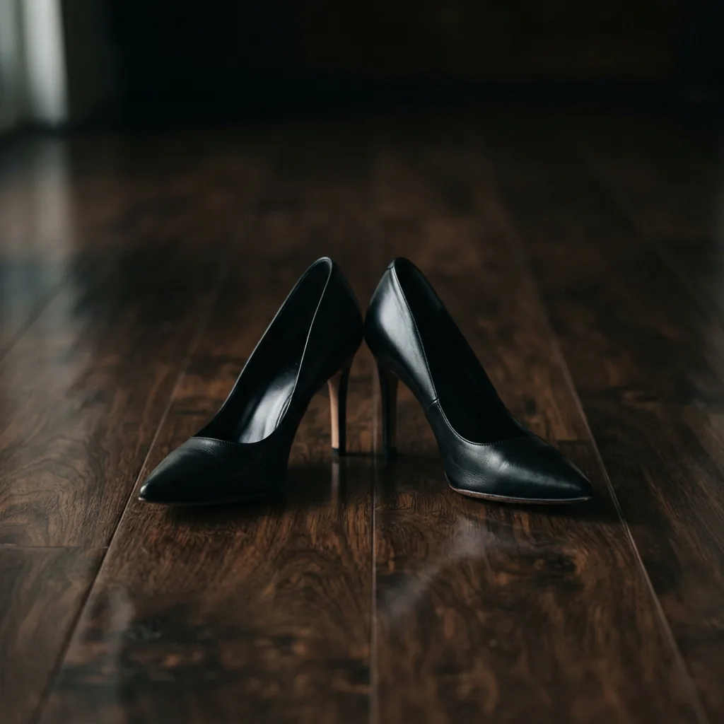 Women's black dress shoes on a dark polished floor, no people