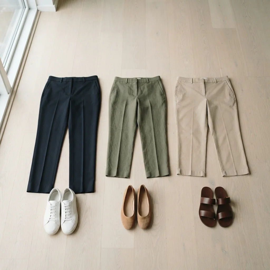 Full-length, cropped and capri women's pants arranged in a row above three different shoe styles