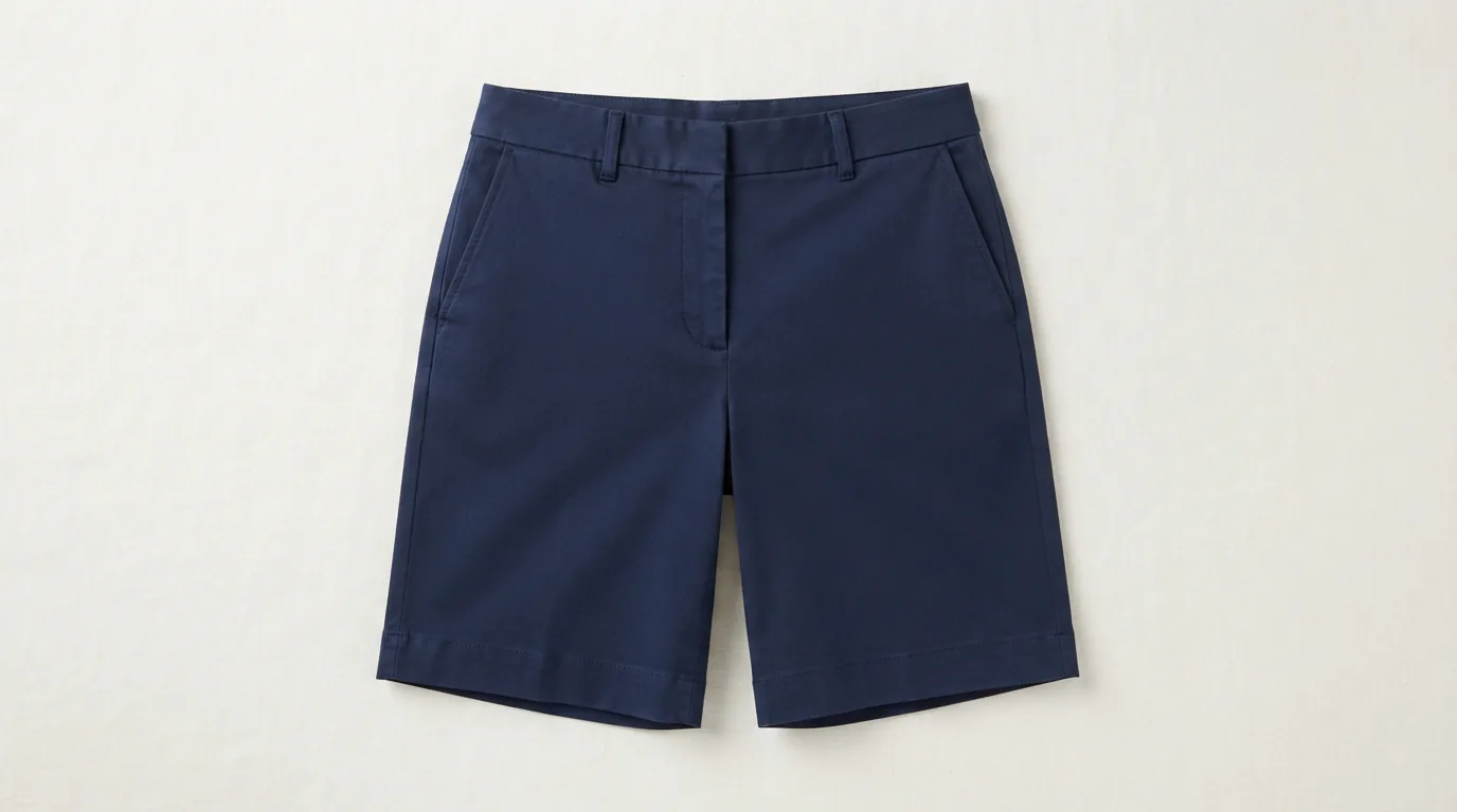 Navy Bermuda shorts laid flat against a plain light background
