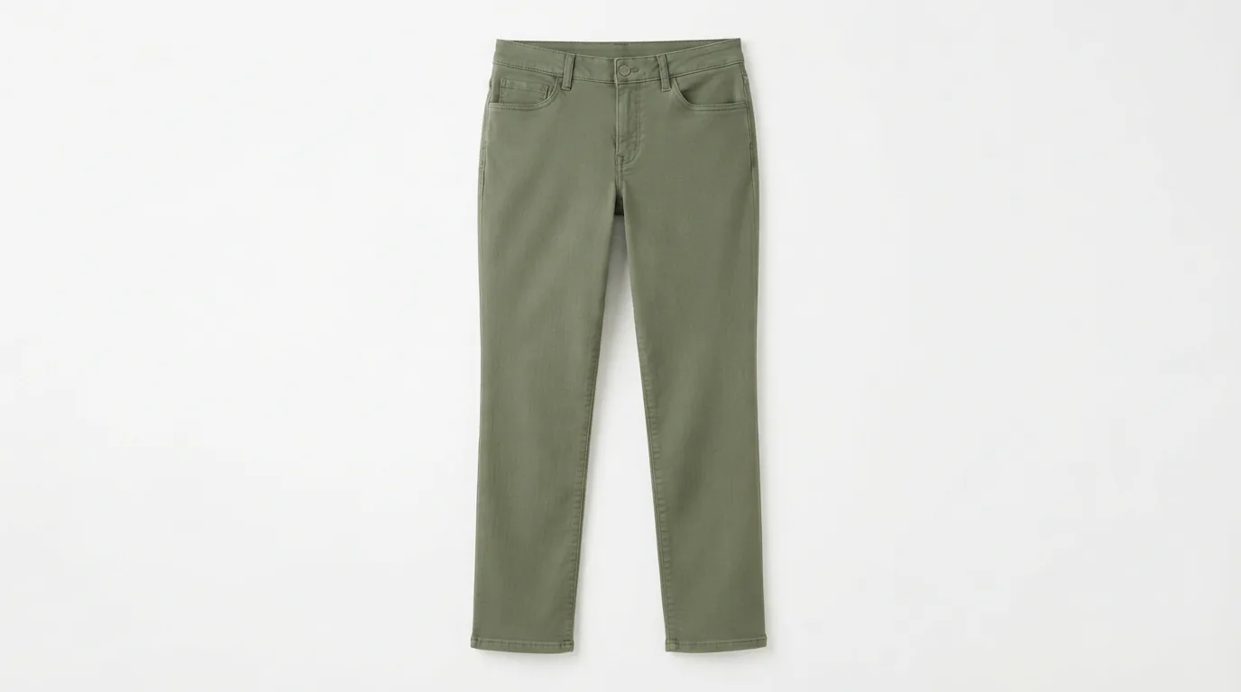 Green women's casual pants arranged flat to show the straight leg and waistband