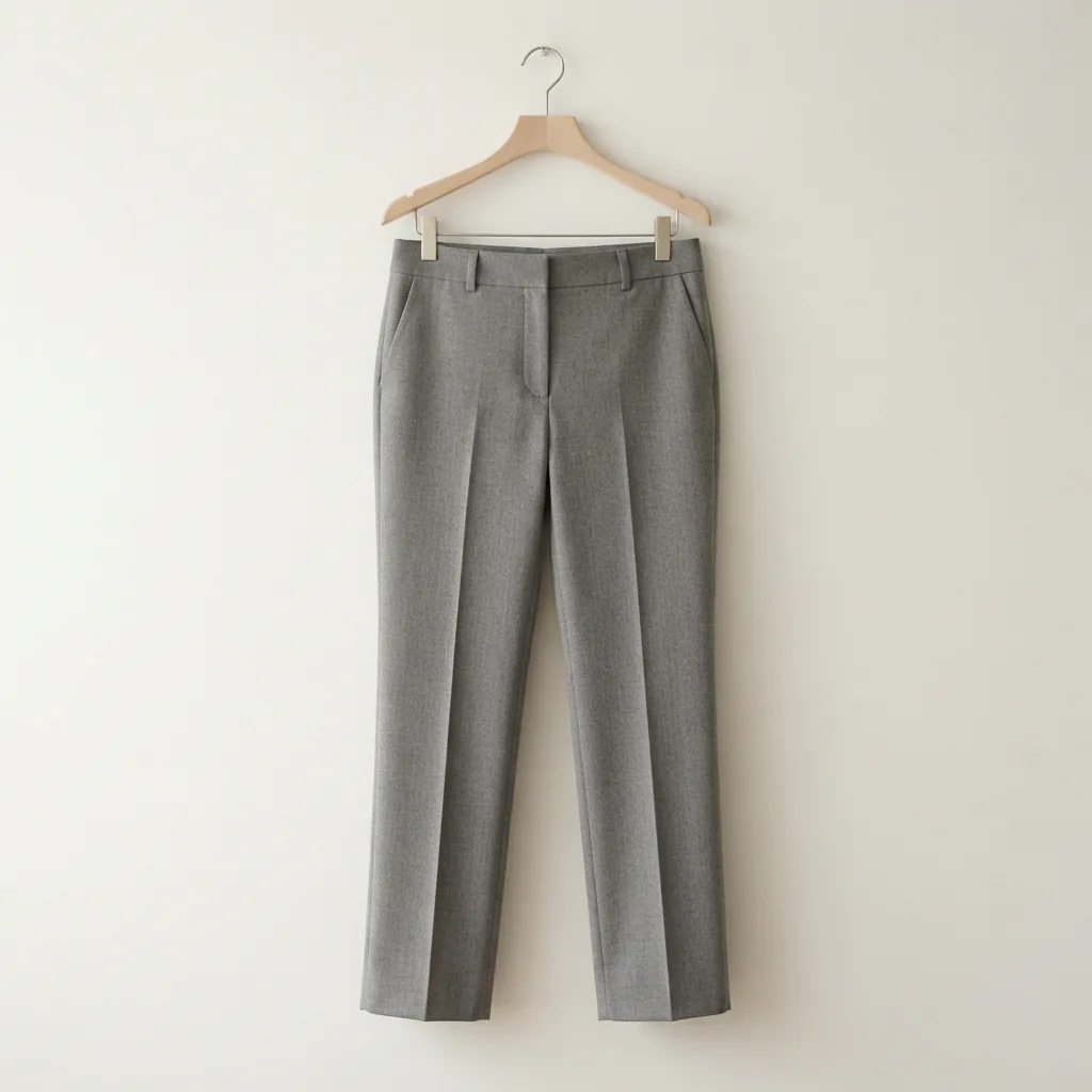 A pair of women's dress trousers hanging on a slim hanger against a pale wall