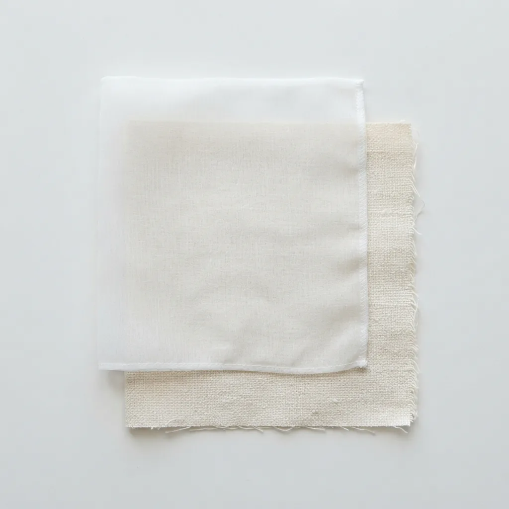 Two fabric swatches, one sheer and one lined, layered on a bright white table