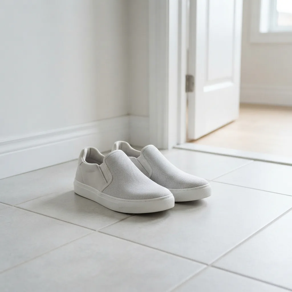 Women's slip-on sneakers on a light tiled floor near a doorway, no people