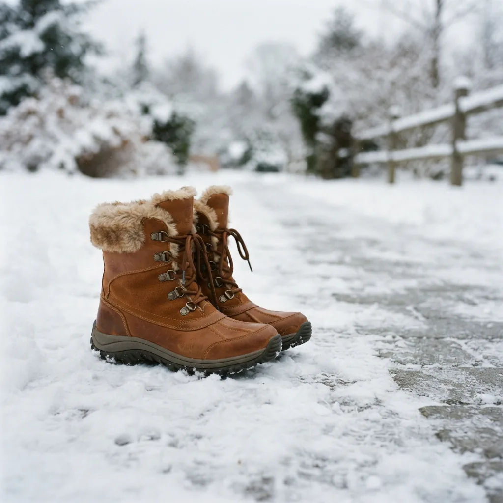 Women's winter boots on snowy ground beside a cleared path