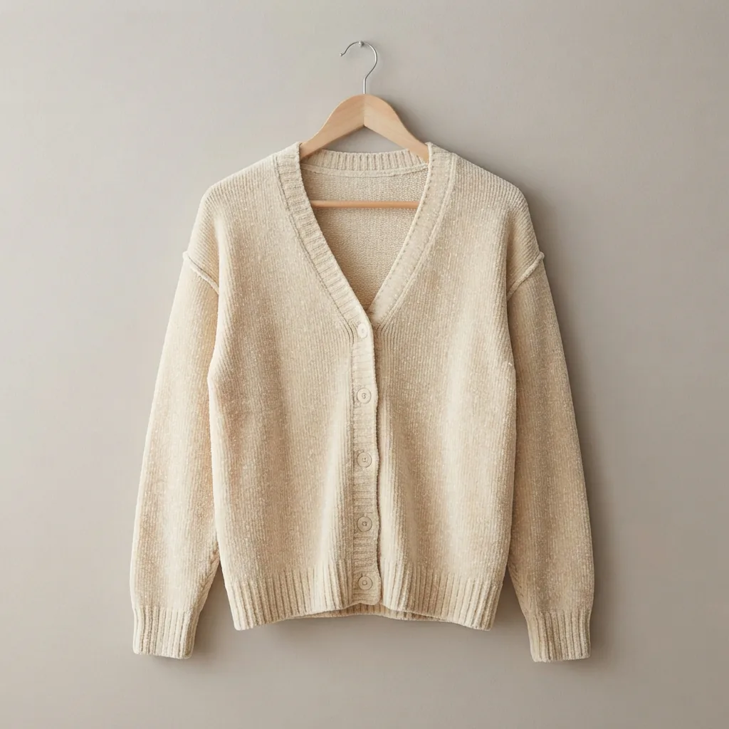 Cream chenille button front cardigan sweater on a hanger against a soft wall
