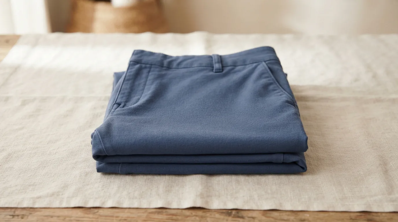 A pair of blue women's casual pants folded on a light surface