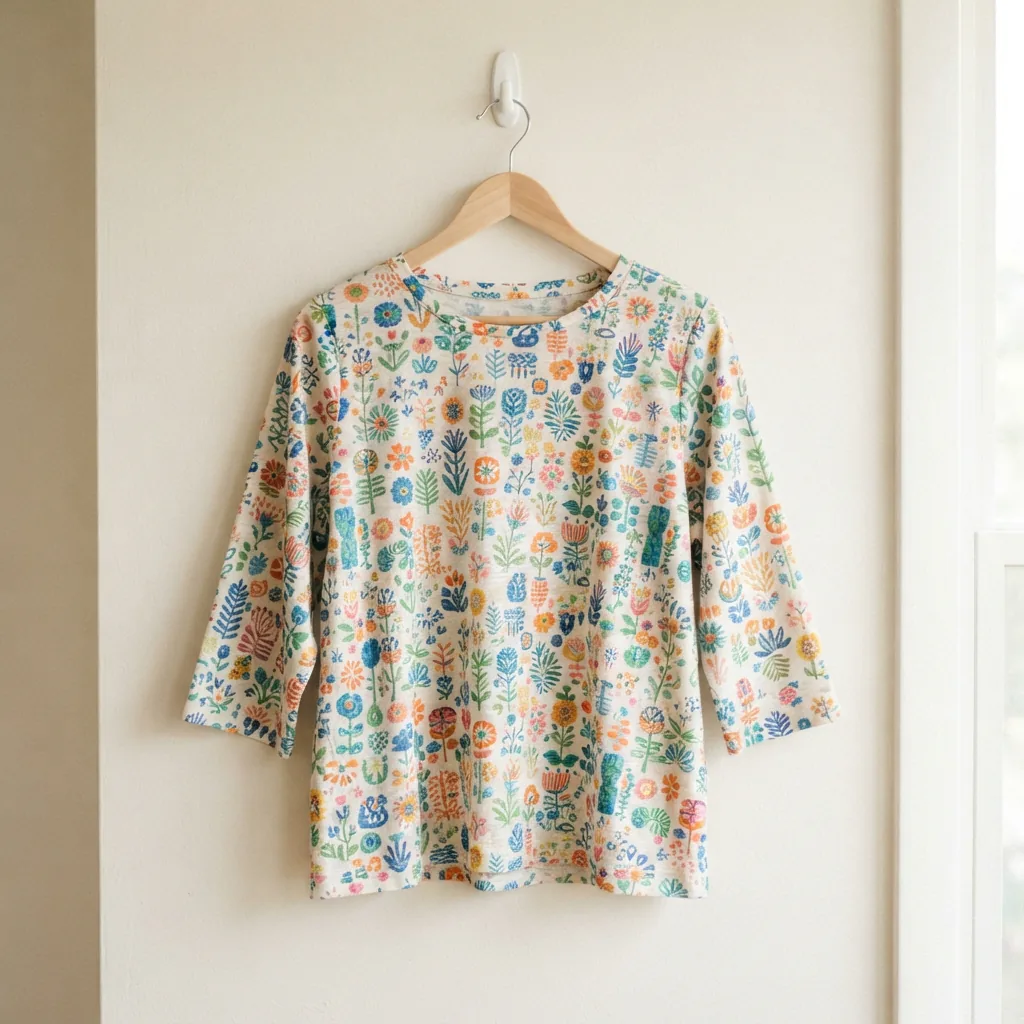 Three-quarter sleeve shirt with a colorful all-over print shown on a hanger against a plain wall