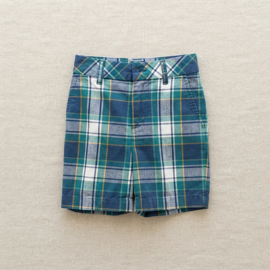 Blue, teal and green cotton blend plaid shorts folded on a neutral surface