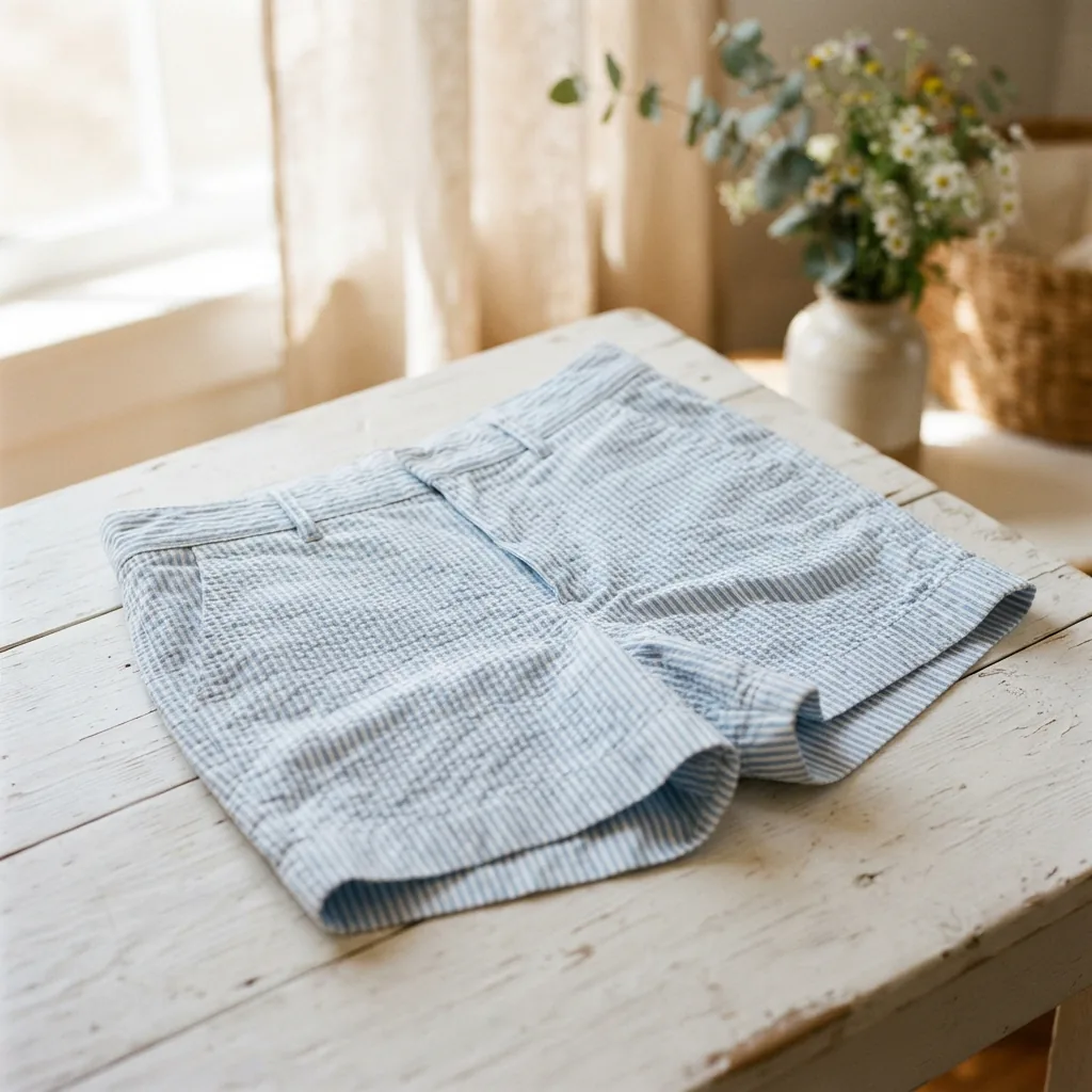 Light blue and white striped seersucker shorts resting on a sunlit white table