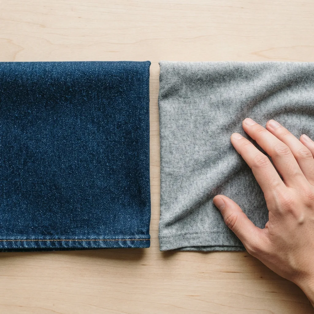 Denim and stretch knit fabric swatches side by side with a hand at the edge of the knit.
