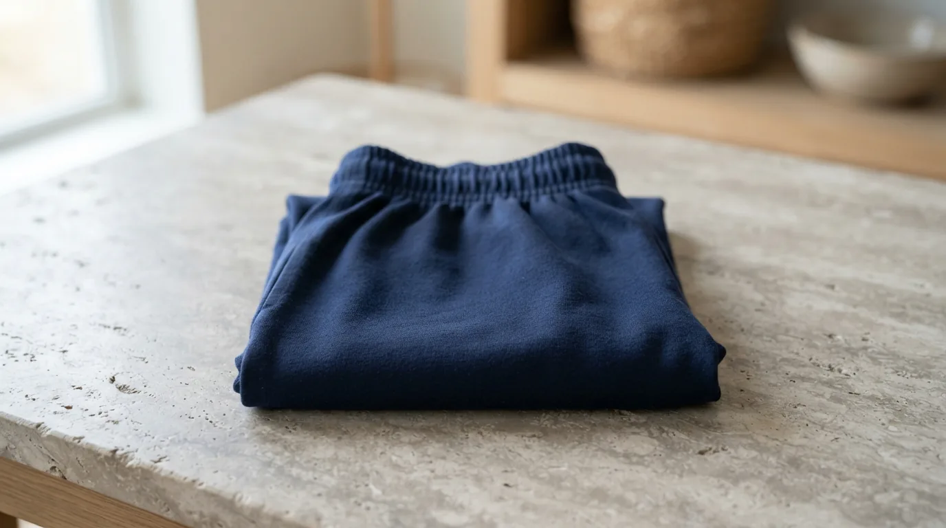 Navy blue elastic waist pull-on shorts folded on a pale stone surface