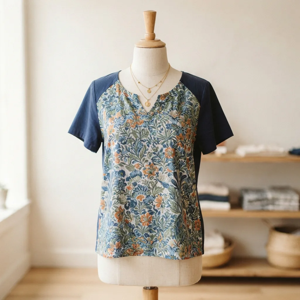 Printed splice top on a dress form with its necklace resting at the neckline