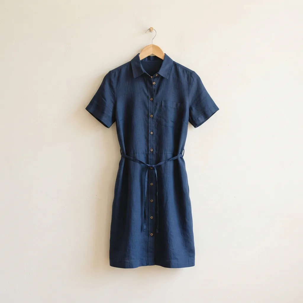 Kim Rogers shirt dress with a buttoned front and collar hung alone on a wooden hanger against a light wall
