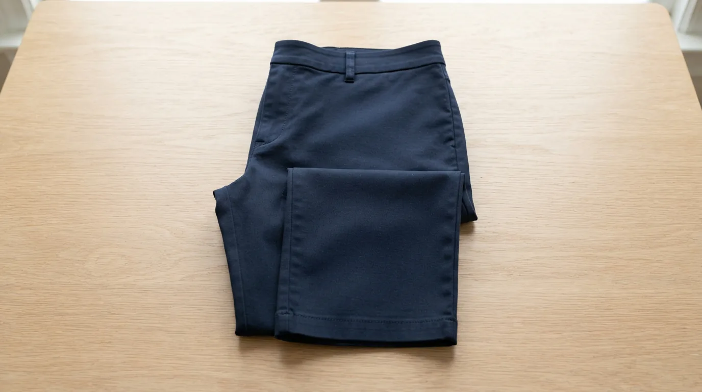 A pair of dark navy capri pants, size 18, folded flat on a light wooden surface.