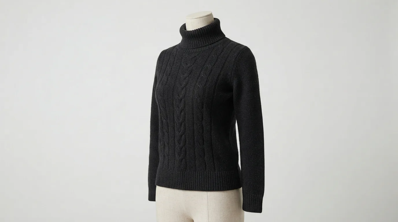 Black cable knit turtleneck sweater displayed on a plain dress form