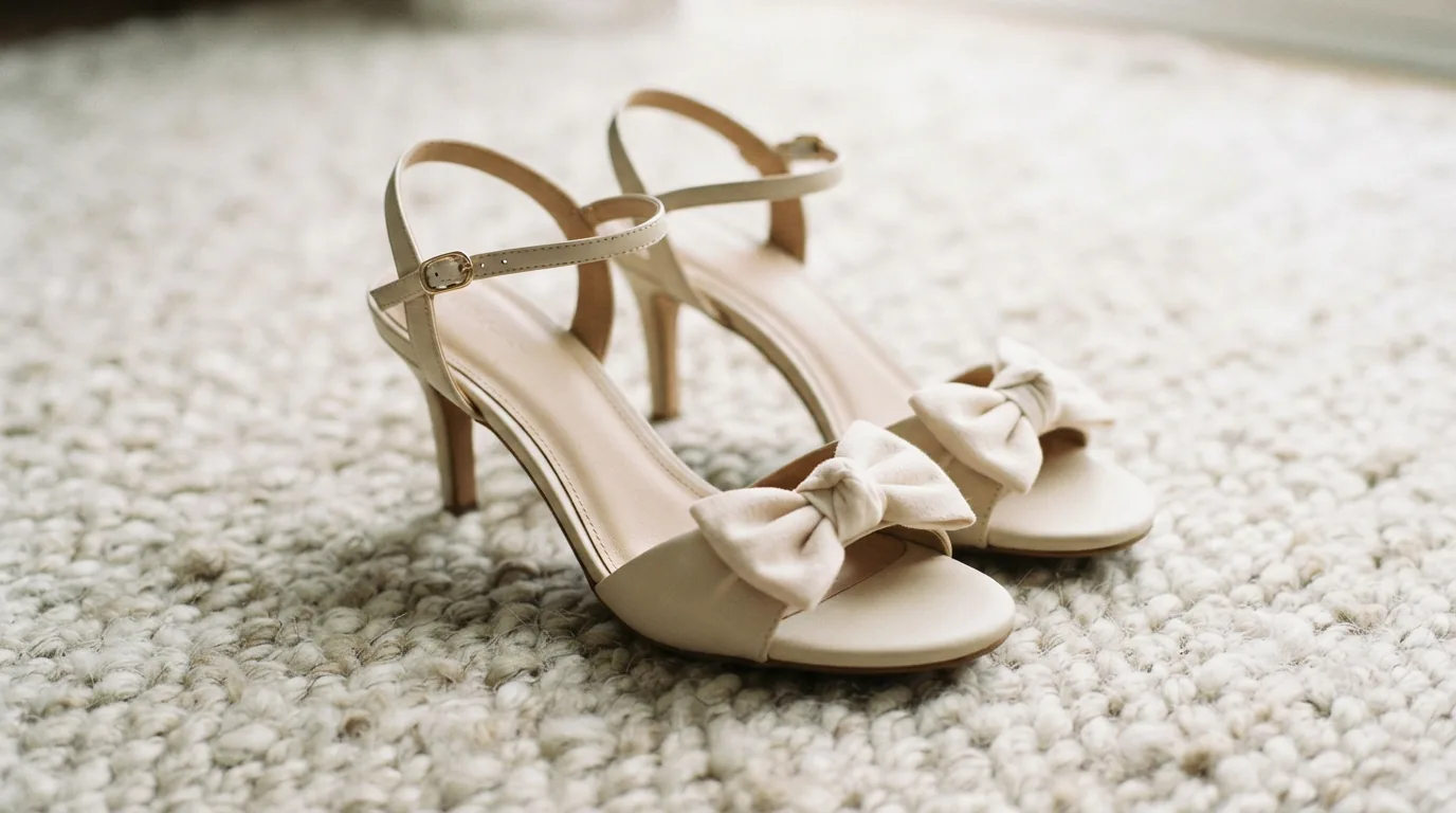 Cream beige heeled sandals with a bow on a pale rug, no people