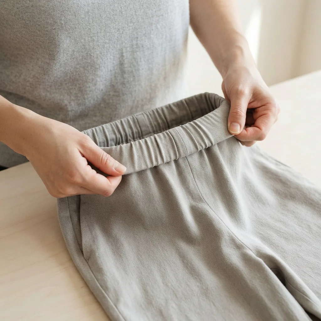 Two hands gently stretching the elastic waistband of a pair of women's pull-on pants