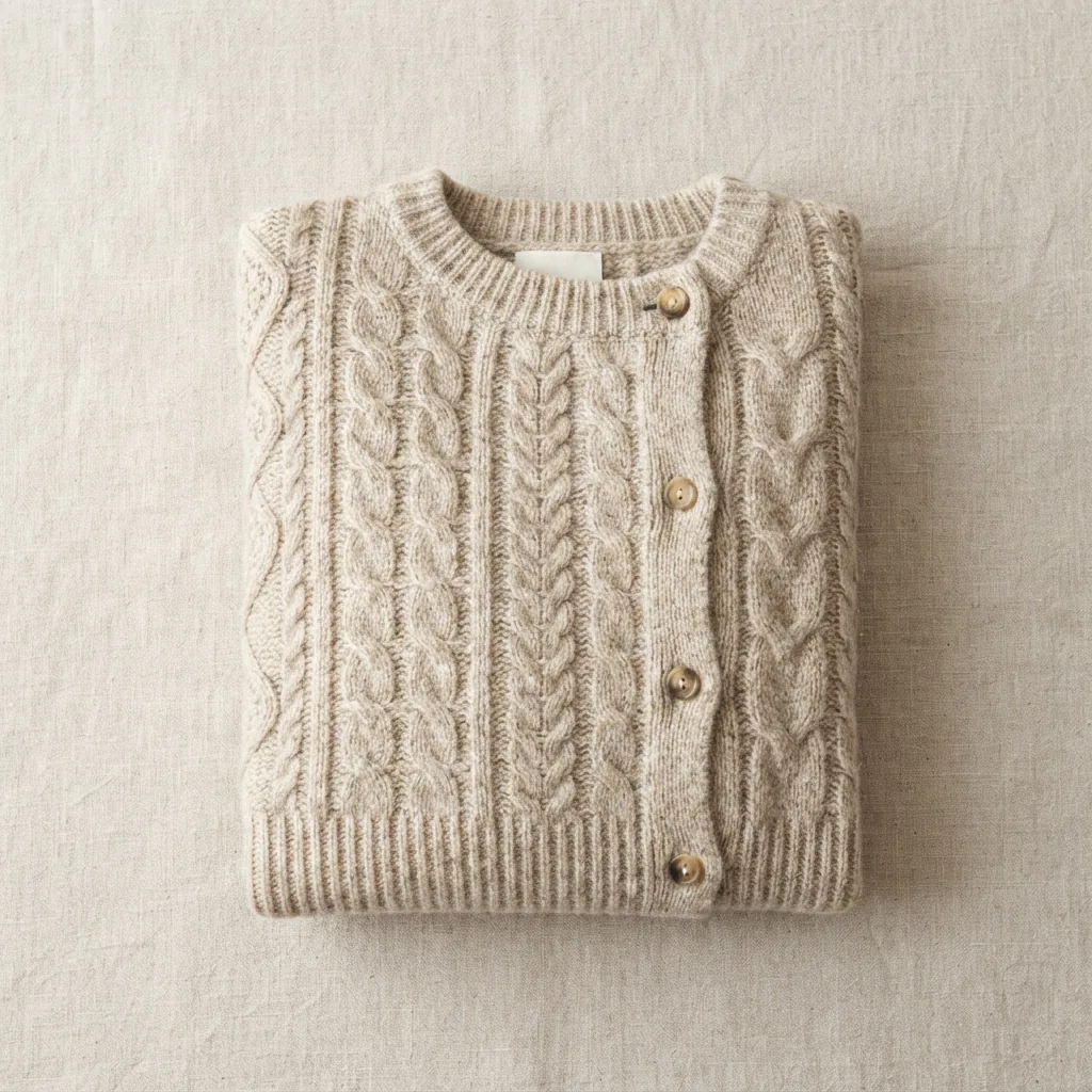 Petite cable knit cardigan sweater folded on a light linen surface
