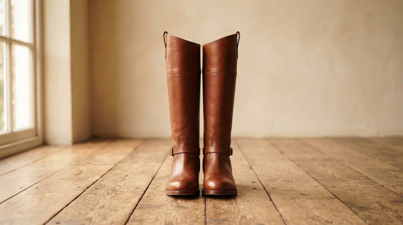 Brown knee-high riding boots standing upright on a stable wooden floor