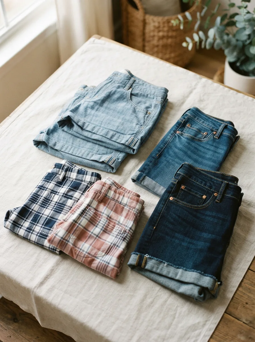 Folded Kim Rogers women's shorts in several casual fabrics arranged on a pale linen surface