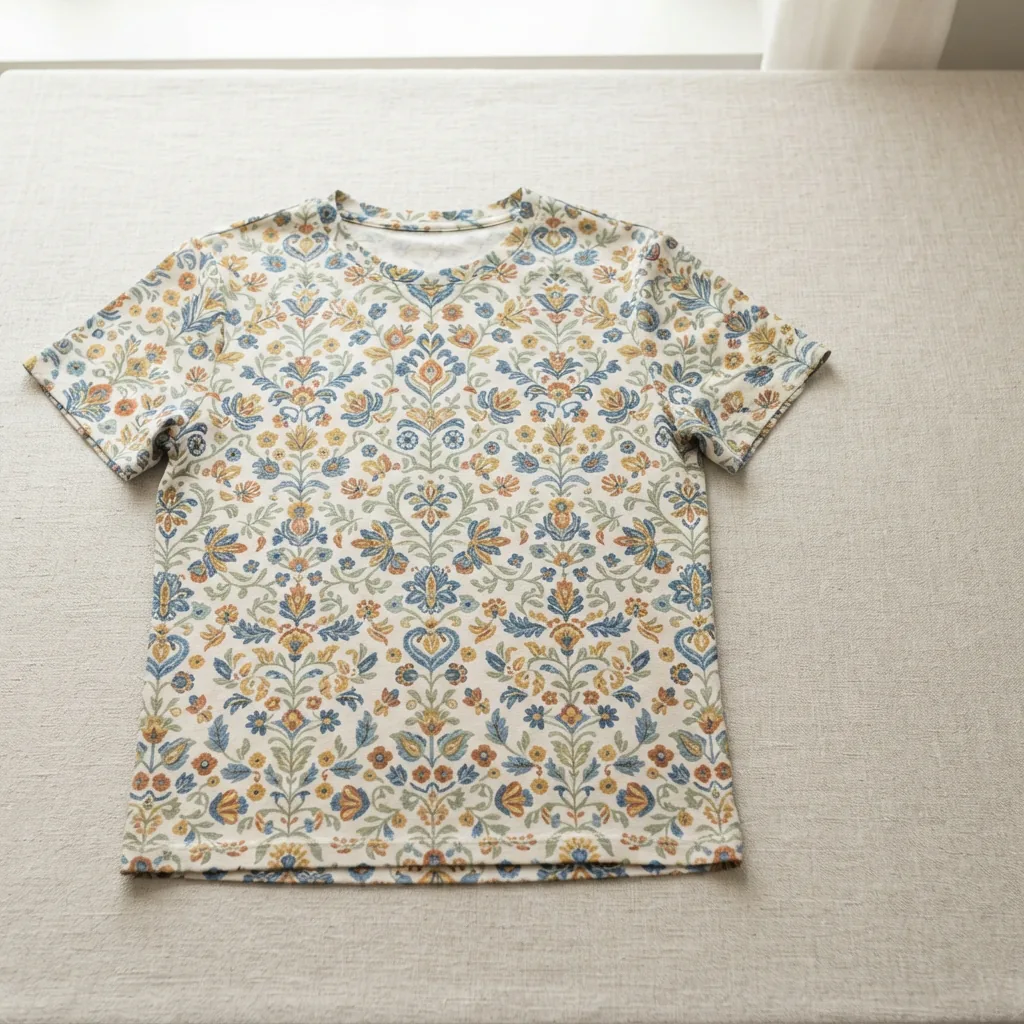 A printed top laid flat on a light table showing its pattern detail
